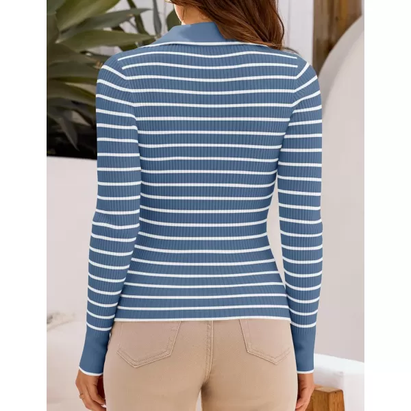 ZESICA Womens Long Sleeve V Neck Knit Tops 2024 Fall Striped Sweater Slim Fit Casual Basic Tee TopsBlue