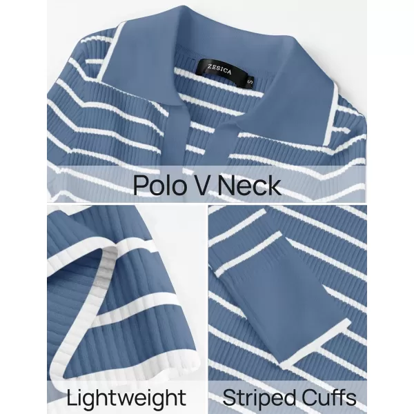 ZESICA Womens Long Sleeve V Neck Knit Tops 2024 Fall Striped Sweater Slim Fit Casual Basic Tee TopsBlue