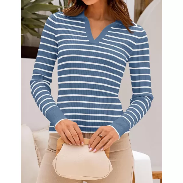 ZESICA Womens Long Sleeve V Neck Knit Tops 2024 Fall Striped Sweater Slim Fit Casual Basic Tee TopsBlue