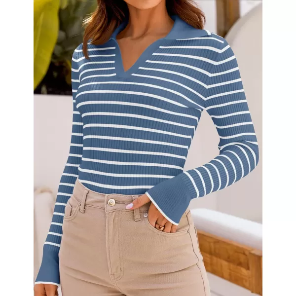 ZESICA Womens Long Sleeve V Neck Knit Tops 2024 Fall Striped Sweater Slim Fit Casual Basic Tee TopsBlue