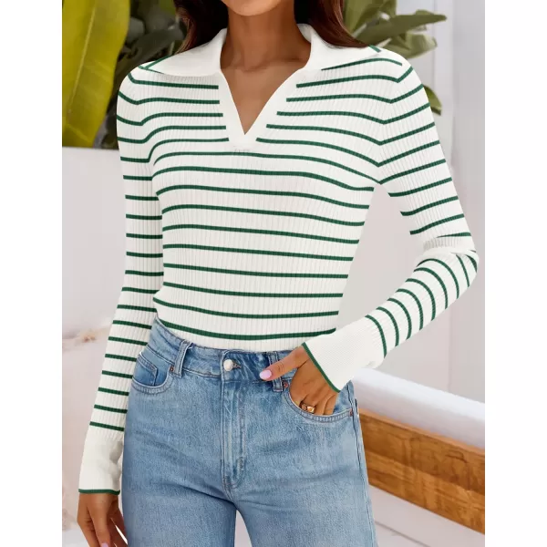 ZESICA Womens Long Sleeve V Neck Knit Tops 2024 Fall Striped Sweater Slim Fit Casual Basic Tee TopsGreen