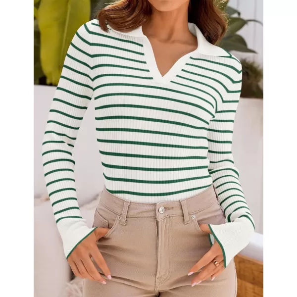 ZESICA Womens Long Sleeve V Neck Knit Tops 2024 Fall Striped Sweater Slim Fit Casual Basic Tee TopsGreen