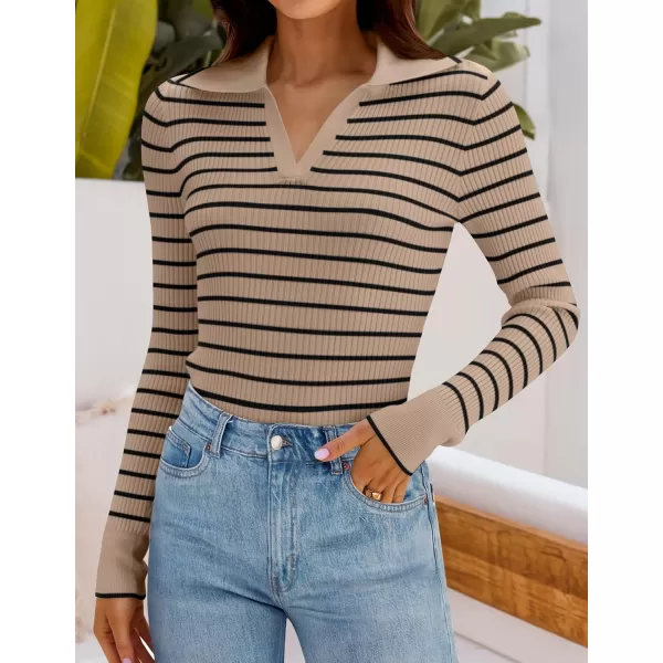 ZESICA Womens Long Sleeve V Neck Knit Tops 2024 Fall Striped Sweater Slim Fit Casual Basic Tee TopsKhaki