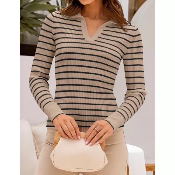 ZESICA Womens Long Sleeve V Neck Knit Tops 2024 Fall Striped Sweater Slim Fit Casual Basic Tee TopsKhaki