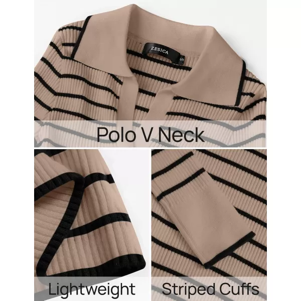 ZESICA Womens Long Sleeve V Neck Knit Tops 2024 Fall Striped Sweater Slim Fit Casual Basic Tee TopsKhaki