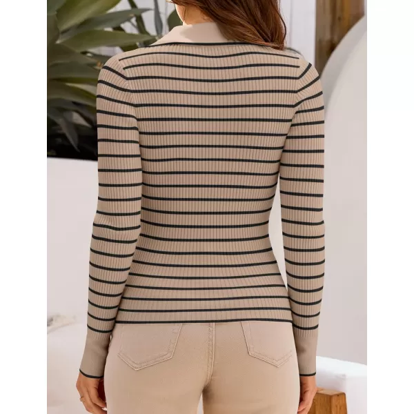 ZESICA Womens Long Sleeve V Neck Knit Tops 2024 Fall Striped Sweater Slim Fit Casual Basic Tee TopsKhaki