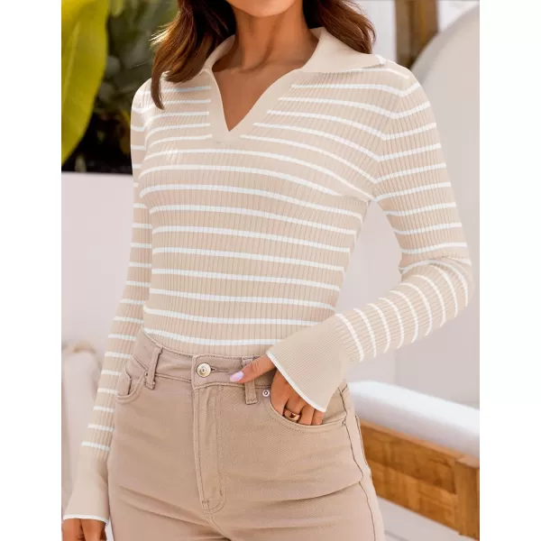 ZESICA Womens Long Sleeve V Neck Knit Tops 2024 Fall Striped Sweater Slim Fit Casual Basic Tee TopsLightapricot