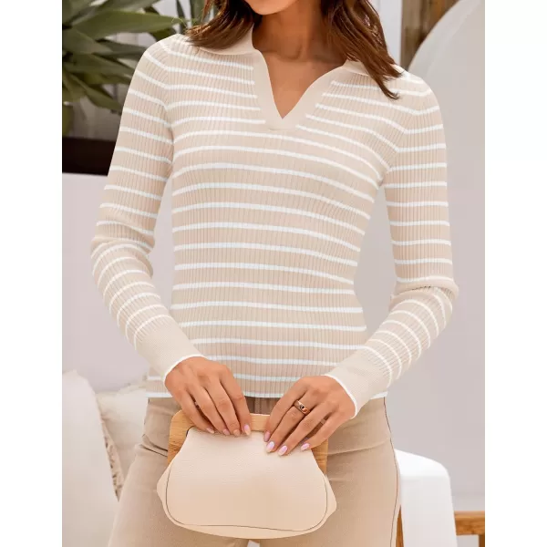 ZESICA Womens Long Sleeve V Neck Knit Tops 2024 Fall Striped Sweater Slim Fit Casual Basic Tee TopsLightapricot