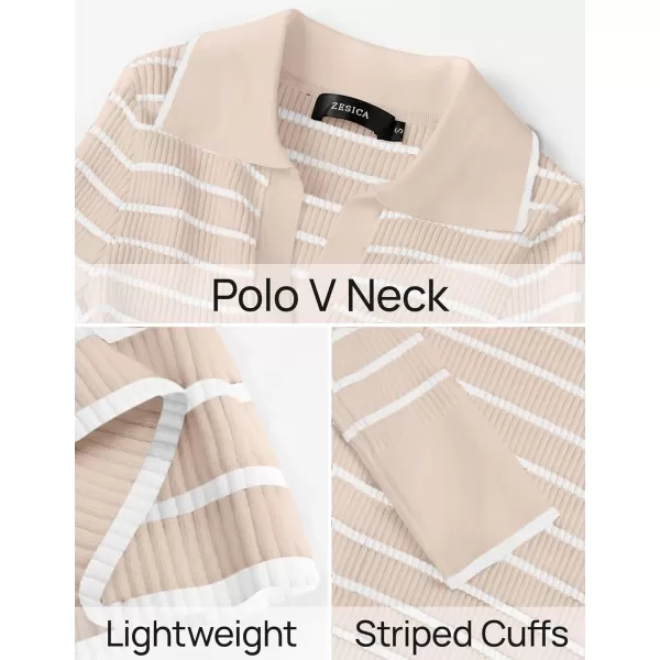 ZESICA Womens Long Sleeve V Neck Knit Tops 2024 Fall Striped Sweater Slim Fit Casual Basic Tee TopsLightapricot