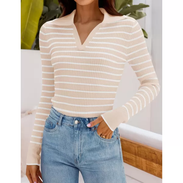 ZESICA Womens Long Sleeve V Neck Knit Tops 2024 Fall Striped Sweater Slim Fit Casual Basic Tee TopsLightapricot