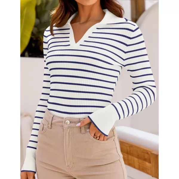 ZESICA Womens Long Sleeve V Neck Knit Tops 2024 Fall Striped Sweater Slim Fit Casual Basic Tee TopsNavy