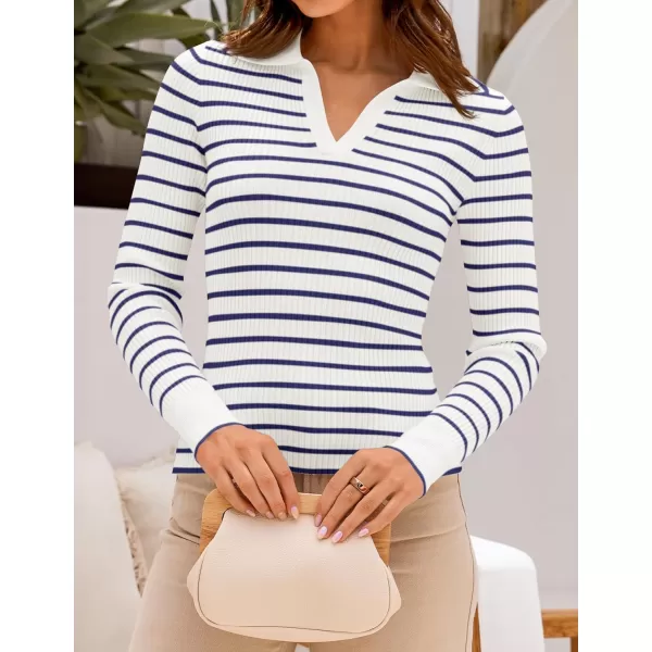 ZESICA Womens Long Sleeve V Neck Knit Tops 2024 Fall Striped Sweater Slim Fit Casual Basic Tee TopsNavy