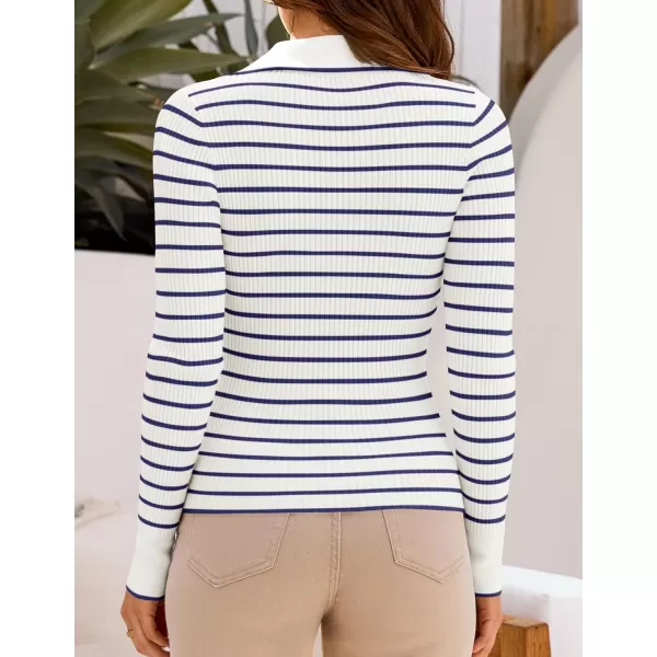 ZESICA Womens Long Sleeve V Neck Knit Tops 2024 Fall Striped Sweater Slim Fit Casual Basic Tee TopsNavy