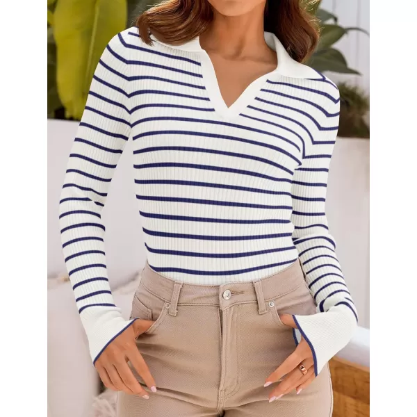 ZESICA Womens Long Sleeve V Neck Knit Tops 2024 Fall Striped Sweater Slim Fit Casual Basic Tee TopsNavy