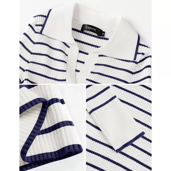 ZESICA Womens Long Sleeve V Neck Knit Tops 2024 Fall Striped Sweater Slim Fit Casual Basic Tee TopsNavy
