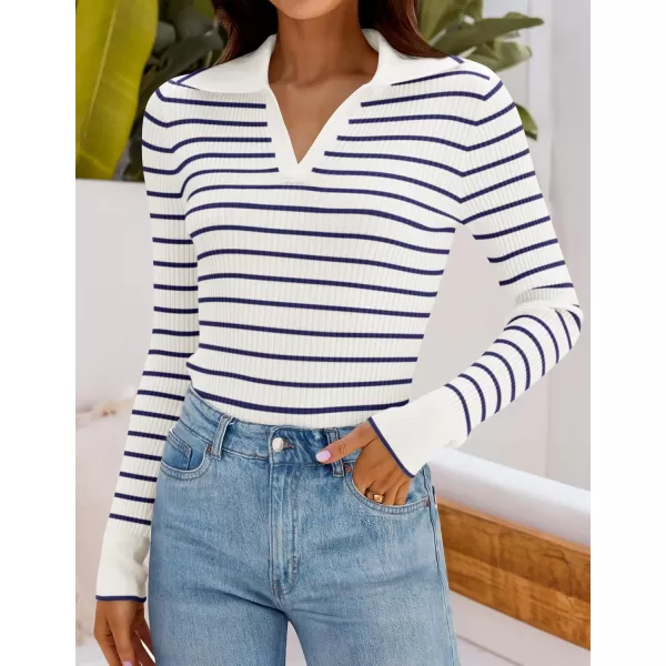 ZESICA Womens Long Sleeve V Neck Knit Tops 2024 Fall Striped Sweater Slim Fit Casual Basic Tee TopsNavy