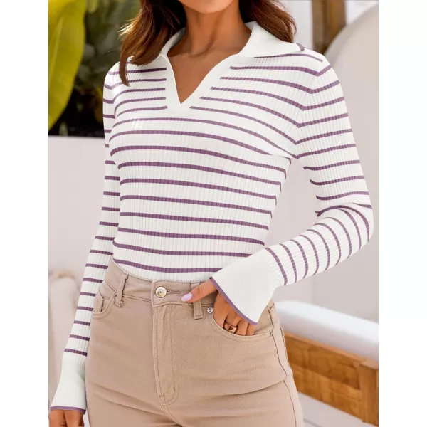 ZESICA Womens Long Sleeve V Neck Knit Tops 2024 Fall Striped Sweater Slim Fit Casual Basic Tee TopsTaro