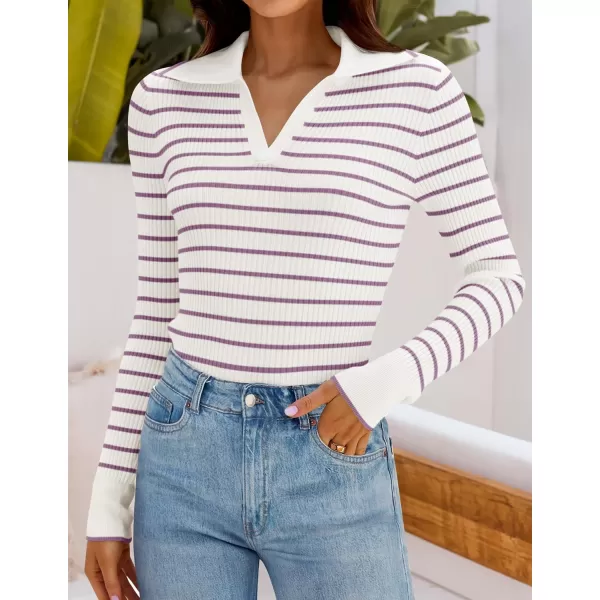 ZESICA Womens Long Sleeve V Neck Knit Tops 2024 Fall Striped Sweater Slim Fit Casual Basic Tee TopsTaro