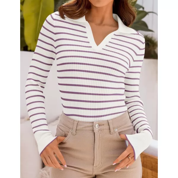 ZESICA Womens Long Sleeve V Neck Knit Tops 2024 Fall Striped Sweater Slim Fit Casual Basic Tee TopsTaro