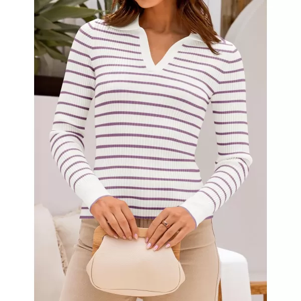 ZESICA Womens Long Sleeve V Neck Knit Tops 2024 Fall Striped Sweater Slim Fit Casual Basic Tee TopsTaro