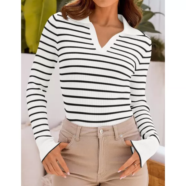ZESICA Womens Long Sleeve V Neck Knit Tops 2024 Fall Striped Sweater Slim Fit Casual Basic Tee TopsWhite