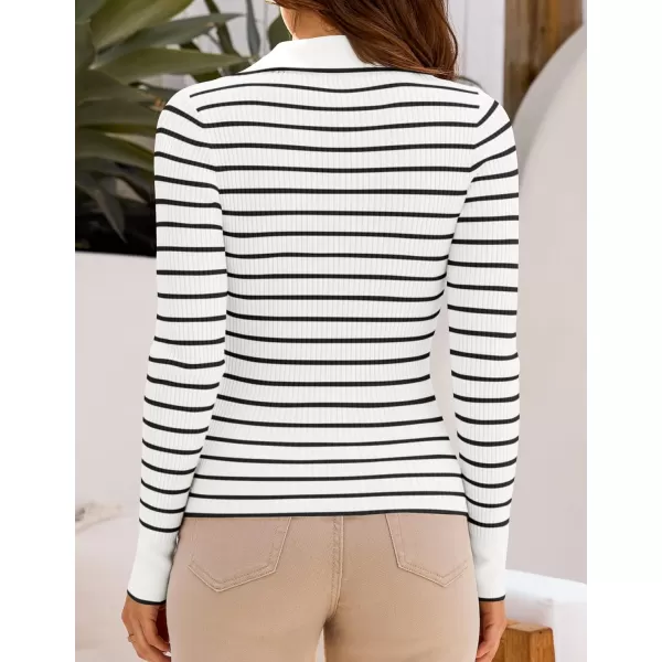 ZESICA Womens Long Sleeve V Neck Knit Tops 2024 Fall Striped Sweater Slim Fit Casual Basic Tee TopsWhite