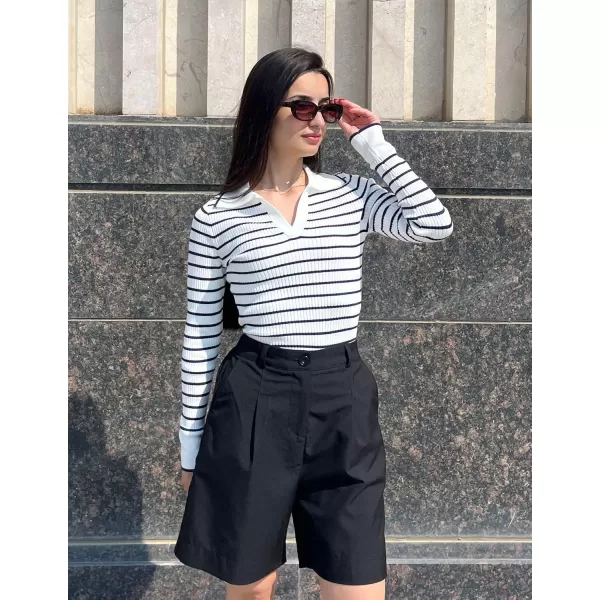 ZESICA Womens Long Sleeve V Neck Knit Tops 2024 Fall Striped Sweater Slim Fit Casual Basic Tee TopsWhite