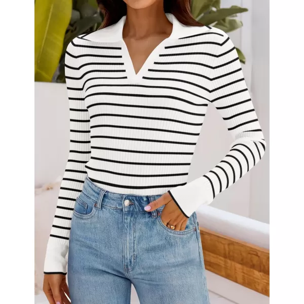 ZESICA Womens Long Sleeve V Neck Knit Tops 2024 Fall Striped Sweater Slim Fit Casual Basic Tee TopsWhite