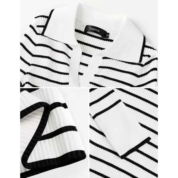 ZESICA Womens Long Sleeve V Neck Knit Tops 2024 Fall Striped Sweater Slim Fit Casual Basic Tee TopsWhite