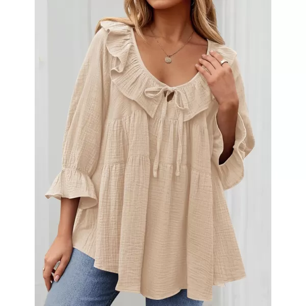 ZESICA Womens Scoop Neck 34 Length Sleeve Tops 2024 Casual Tie Front Ruffle Tiered Loose Tunic Shirts Blouses Fall OutfitsApricot