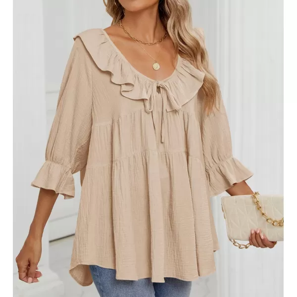 ZESICA Womens Scoop Neck 34 Length Sleeve Tops 2024 Casual Tie Front Ruffle Tiered Loose Tunic Shirts Blouses Fall OutfitsApricot