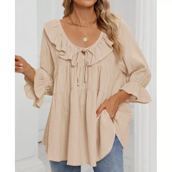ZESICA Womens Scoop Neck 34 Length Sleeve Tops 2024 Casual Tie Front Ruffle Tiered Loose Tunic Shirts Blouses Fall OutfitsApricot
