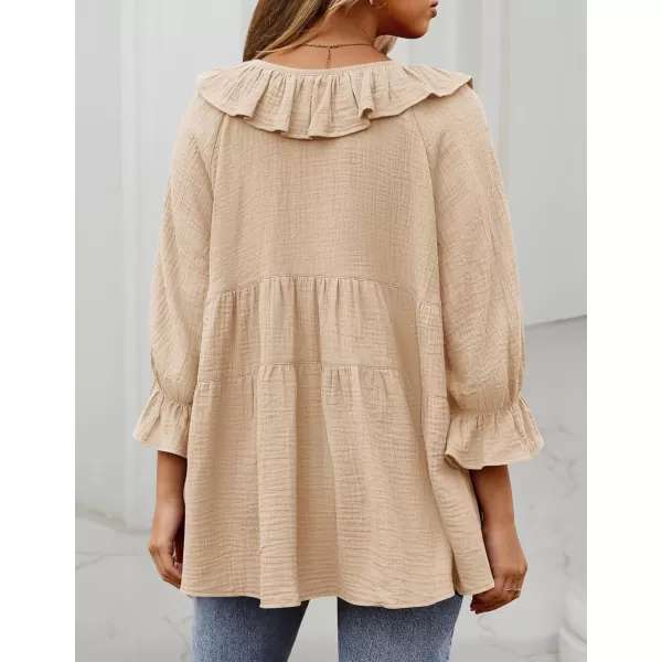 ZESICA Womens Scoop Neck 34 Length Sleeve Tops 2024 Casual Tie Front Ruffle Tiered Loose Tunic Shirts Blouses Fall OutfitsApricot