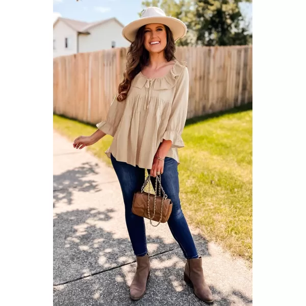 ZESICA Womens Scoop Neck 34 Length Sleeve Tops 2024 Casual Tie Front Ruffle Tiered Loose Tunic Shirts Blouses Fall OutfitsApricot