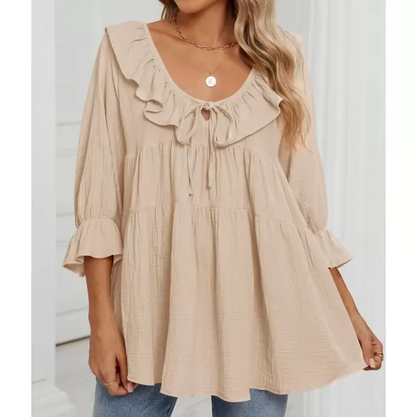 ZESICA Womens Scoop Neck 34 Length Sleeve Tops 2024 Casual Tie Front Ruffle Tiered Loose Tunic Shirts Blouses Fall OutfitsApricot