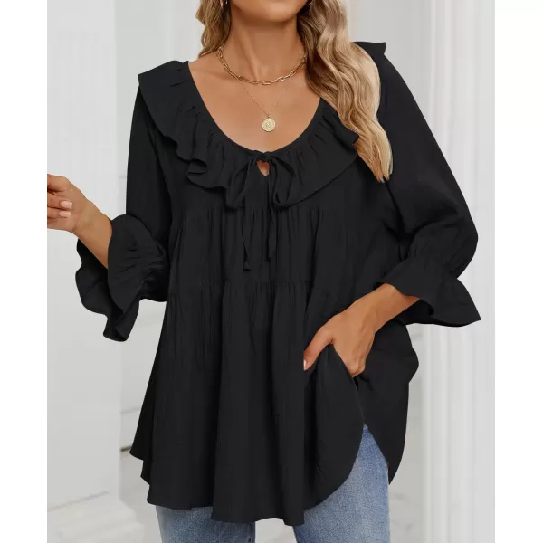 ZESICA Womens Scoop Neck 34 Length Sleeve Tops 2024 Casual Tie Front Ruffle Tiered Loose Tunic Shirts Blouses Fall OutfitsBlack
