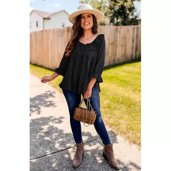 ZESICA Womens Scoop Neck 34 Length Sleeve Tops 2024 Casual Tie Front Ruffle Tiered Loose Tunic Shirts Blouses Fall OutfitsBlack