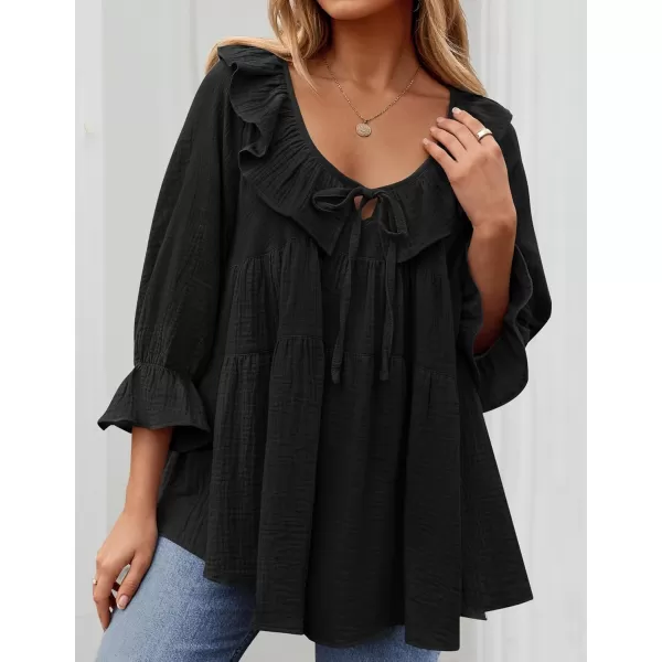 ZESICA Womens Scoop Neck 34 Length Sleeve Tops 2024 Casual Tie Front Ruffle Tiered Loose Tunic Shirts Blouses Fall OutfitsBlack