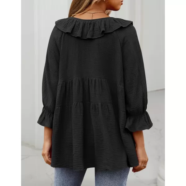 ZESICA Womens Scoop Neck 34 Length Sleeve Tops 2024 Casual Tie Front Ruffle Tiered Loose Tunic Shirts Blouses Fall OutfitsBlack