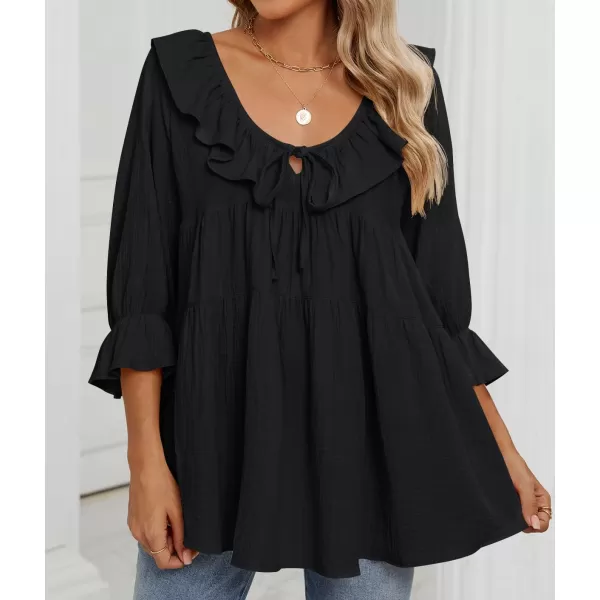 ZESICA Womens Scoop Neck 34 Length Sleeve Tops 2024 Casual Tie Front Ruffle Tiered Loose Tunic Shirts Blouses Fall OutfitsBlack