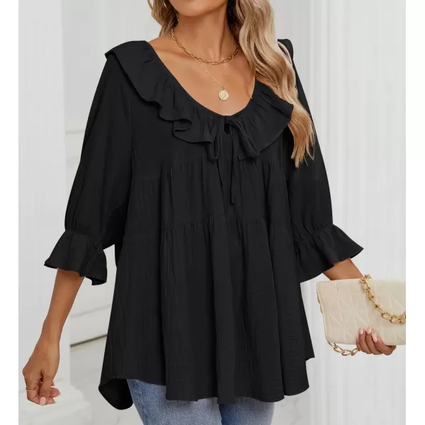 ZESICA Womens Scoop Neck 34 Length Sleeve Tops 2024 Casual Tie Front Ruffle Tiered Loose Tunic Shirts Blouses Fall OutfitsBlack