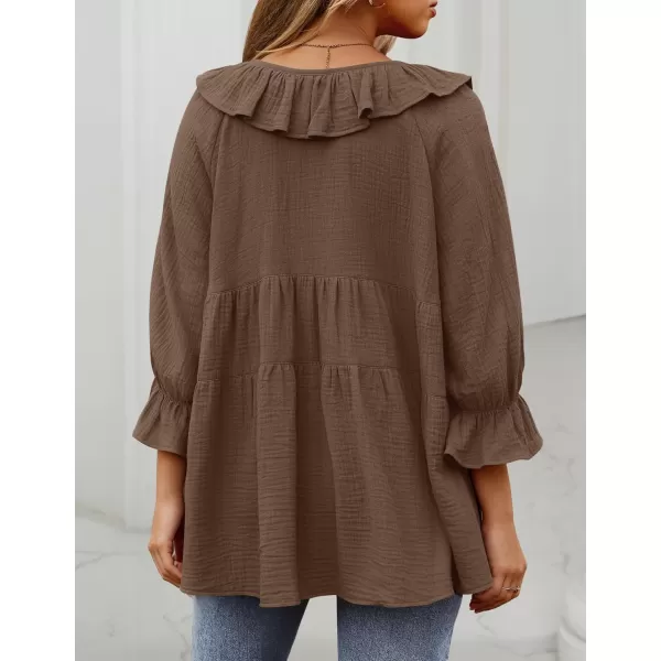 ZESICA Womens Scoop Neck 34 Length Sleeve Tops 2024 Casual Tie Front Ruffle Tiered Loose Tunic Shirts Blouses Fall OutfitsBrown
