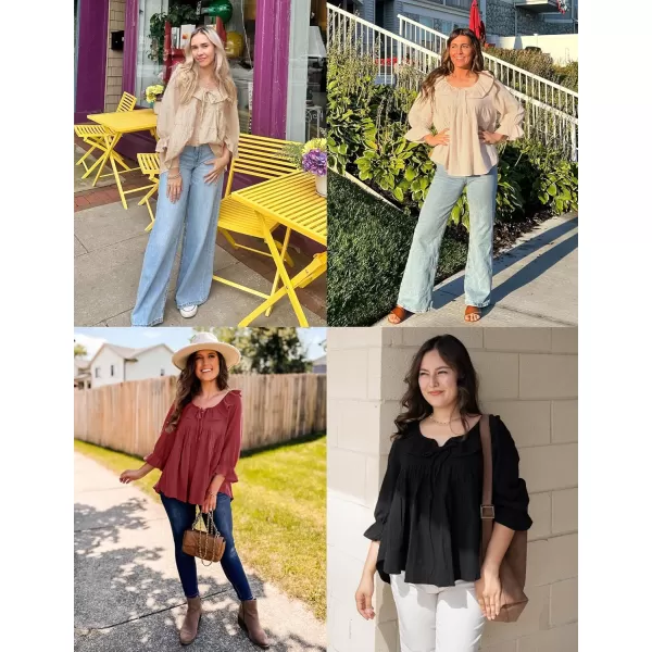 ZESICA Womens Scoop Neck 34 Length Sleeve Tops 2024 Casual Tie Front Ruffle Tiered Loose Tunic Shirts Blouses Fall OutfitsBrown