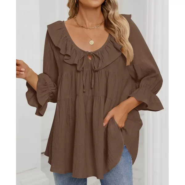ZESICA Womens Scoop Neck 34 Length Sleeve Tops 2024 Casual Tie Front Ruffle Tiered Loose Tunic Shirts Blouses Fall OutfitsBrown