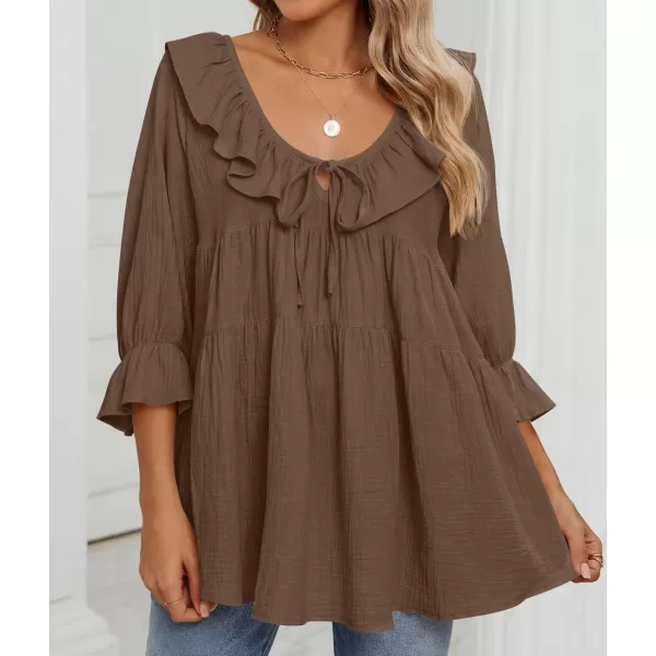 ZESICA Womens Scoop Neck 34 Length Sleeve Tops 2024 Casual Tie Front Ruffle Tiered Loose Tunic Shirts Blouses Fall OutfitsBrown