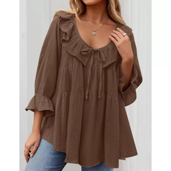 ZESICA Womens Scoop Neck 34 Length Sleeve Tops 2024 Casual Tie Front Ruffle Tiered Loose Tunic Shirts Blouses Fall OutfitsBrown
