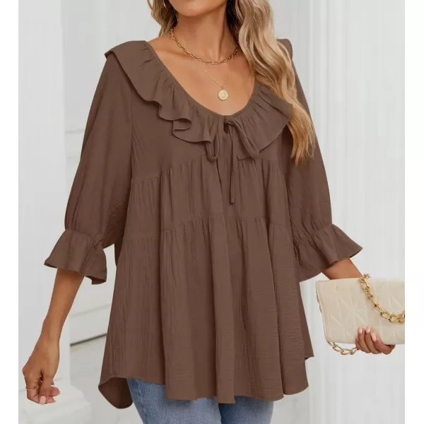 ZESICA Womens Scoop Neck 34 Length Sleeve Tops 2024 Casual Tie Front Ruffle Tiered Loose Tunic Shirts Blouses Fall OutfitsBrown