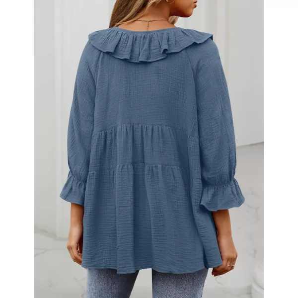 ZESICA Womens Scoop Neck 34 Length Sleeve Tops 2024 Casual Tie Front Ruffle Tiered Loose Tunic Shirts Blouses Fall OutfitsDusty Blue