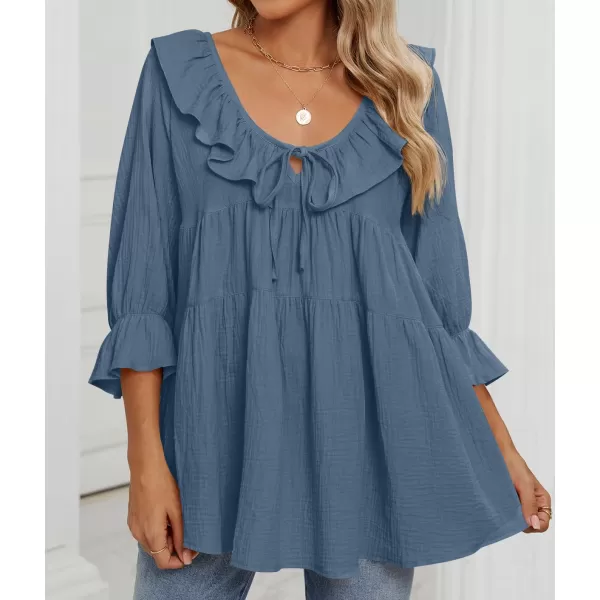 ZESICA Womens Scoop Neck 34 Length Sleeve Tops 2024 Casual Tie Front Ruffle Tiered Loose Tunic Shirts Blouses Fall OutfitsDusty Blue