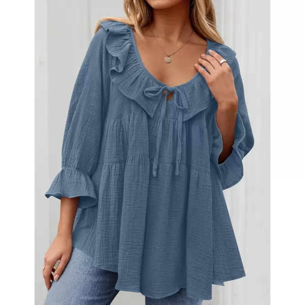 ZESICA Womens Scoop Neck 34 Length Sleeve Tops 2024 Casual Tie Front Ruffle Tiered Loose Tunic Shirts Blouses Fall OutfitsDusty Blue